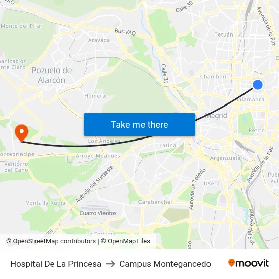 Hospital De La Princesa to Campus Montegancedo map