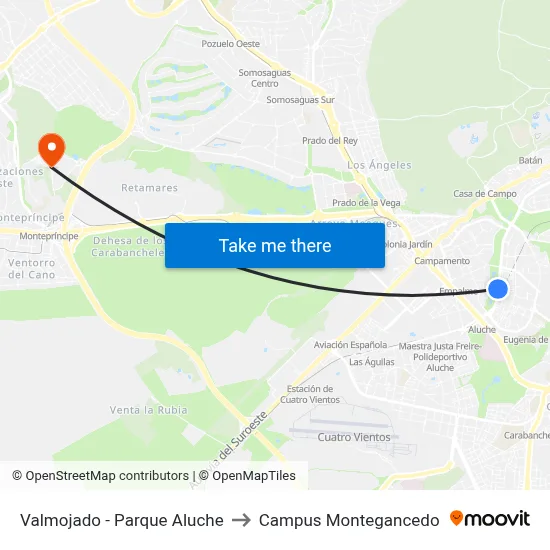 Valmojado - Parque Aluche to Campus Montegancedo map