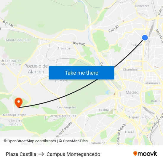 Plaza Castilla to Campus Montegancedo map