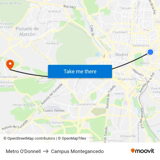 Metro O'Donnell to Campus Montegancedo map