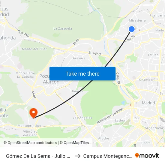 Gómez De La Serna - Julio Calvo to Campus Montegancedo map