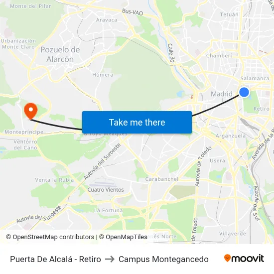 Puerta De Alcalá - Retiro to Campus Montegancedo map