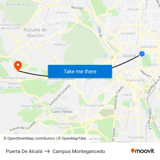 Puerta De Alcalá to Campus Montegancedo map