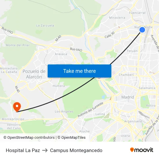 Hospital La Paz to Campus Montegancedo map