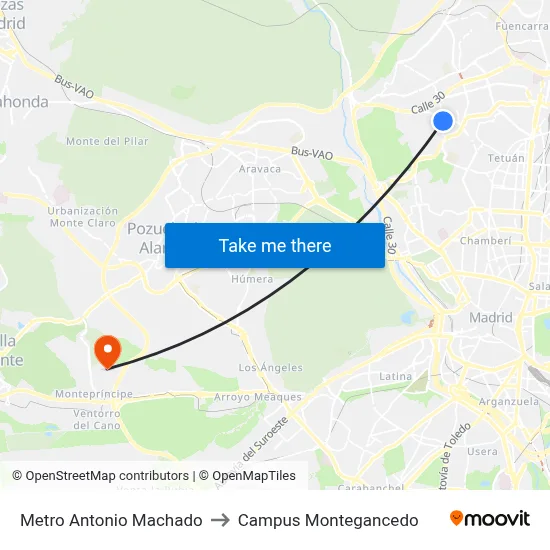 Metro Antonio Machado to Campus Montegancedo map