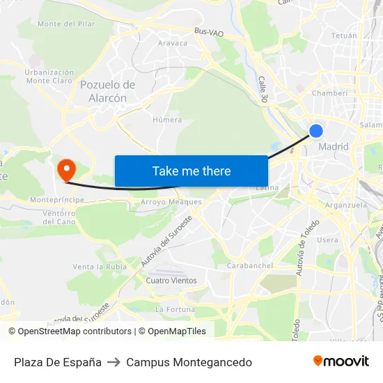 Plaza De España to Campus Montegancedo map