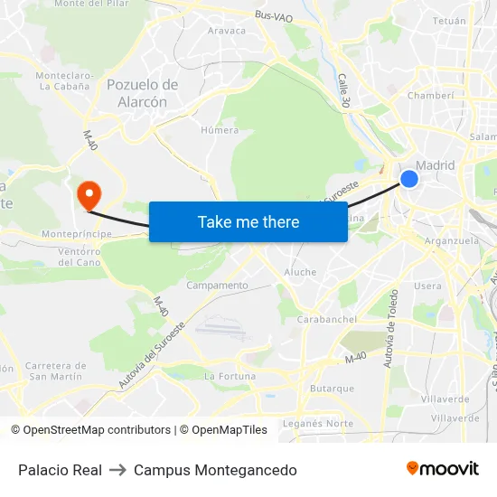 Palacio Real to Campus Montegancedo map