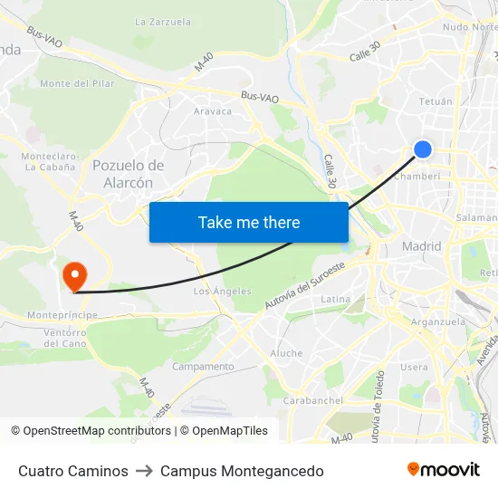 Cuatro Caminos to Campus Montegancedo map