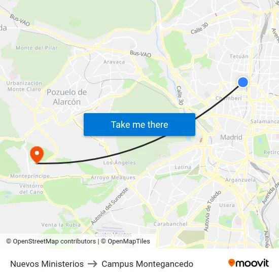 Nuevos Ministerios to Campus Montegancedo map