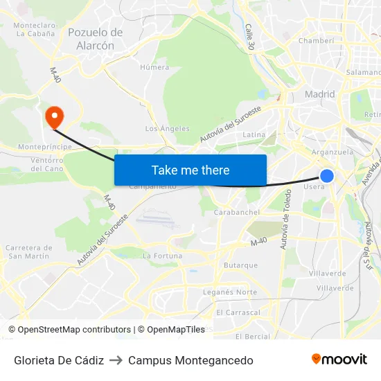 Glorieta De Cádiz to Campus Montegancedo map