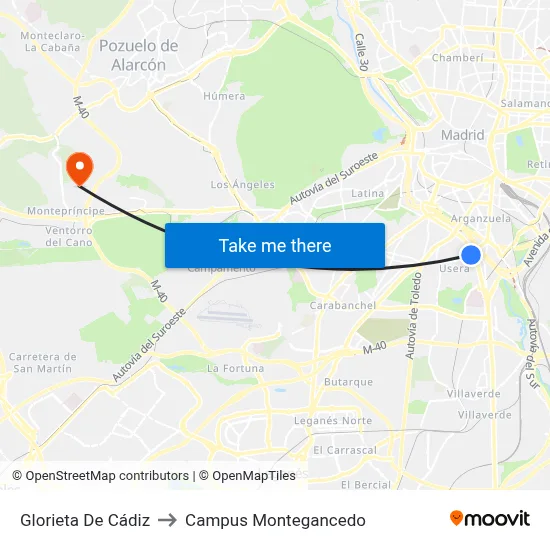 Glorieta De Cádiz to Campus Montegancedo map