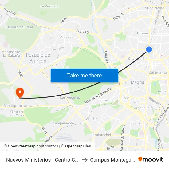 Nuevos Ministerios - Centro Comercial to Campus Montegancedo map