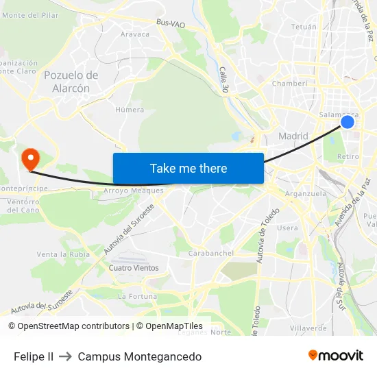 Felipe II to Campus Montegancedo map