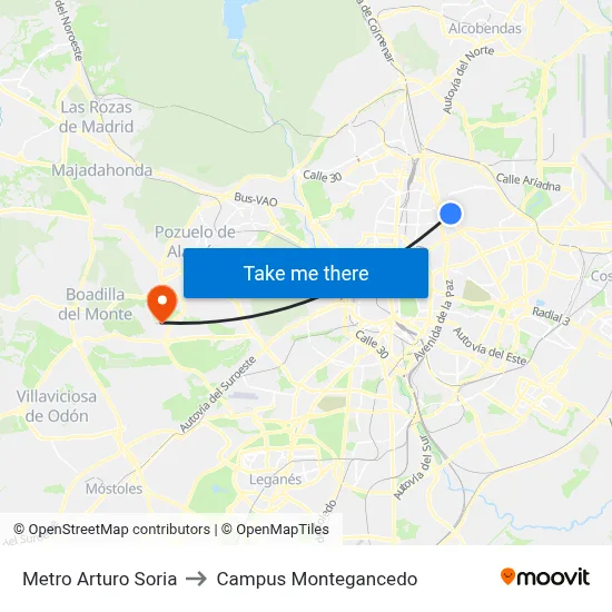 Metro Arturo Soria to Campus Montegancedo map