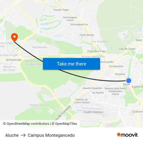 Aluche to Campus Montegancedo map