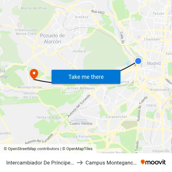 Intercambiador De Príncipe Pío to Campus Montegancedo map