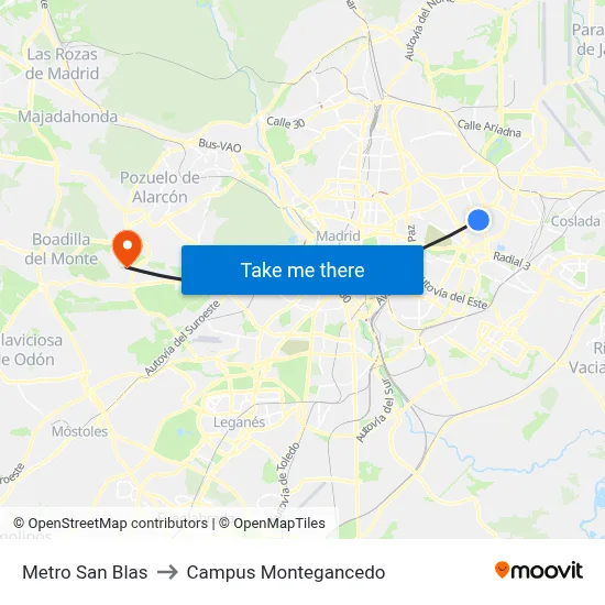 Metro San Blas to Campus Montegancedo map