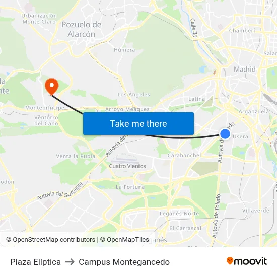 Plaza Elíptica to Campus Montegancedo map