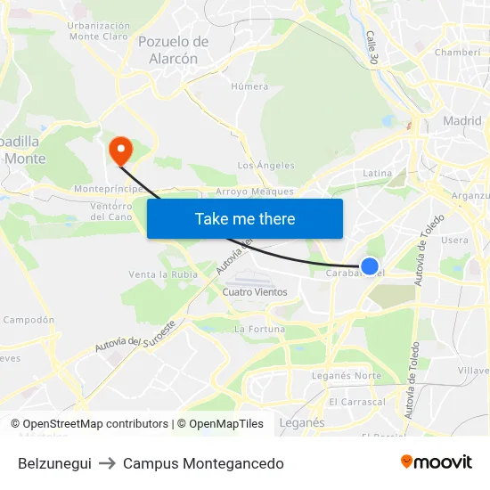 Belzunegui to Campus Montegancedo map