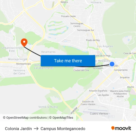 Colonia Jardín to Campus Montegancedo map