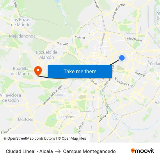 Ciudad Lineal - Alcalá to Campus Montegancedo map