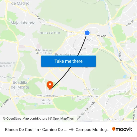 Blanca De Castilla - Camino De La Zarzuela to Campus Montegancedo map