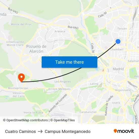 Cuatro Caminos to Campus Montegancedo map