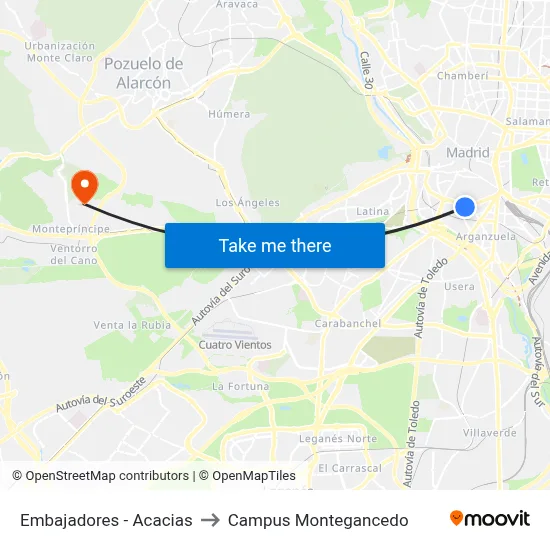 Embajadores - Acacias to Campus Montegancedo map