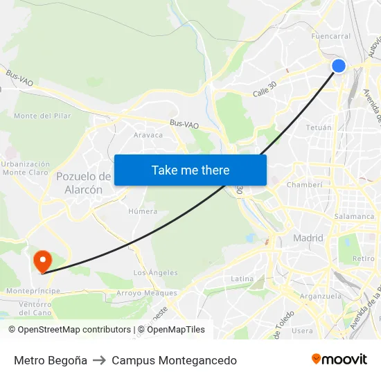Metro Begoña to Campus Montegancedo map