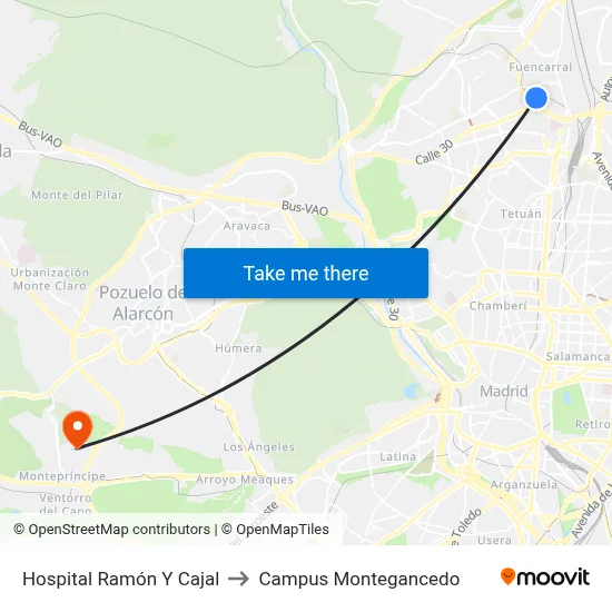 Hospital Ramón Y Cajal to Campus Montegancedo map