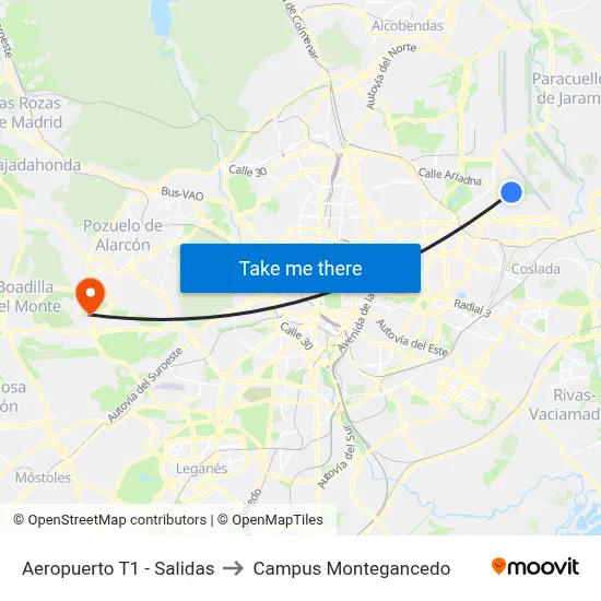 Aeropuerto T1 - Salidas to Campus Montegancedo map
