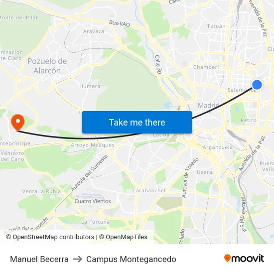 Manuel Becerra to Campus Montegancedo map