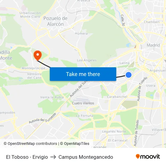 El Toboso - Ervigio to Campus Montegancedo map