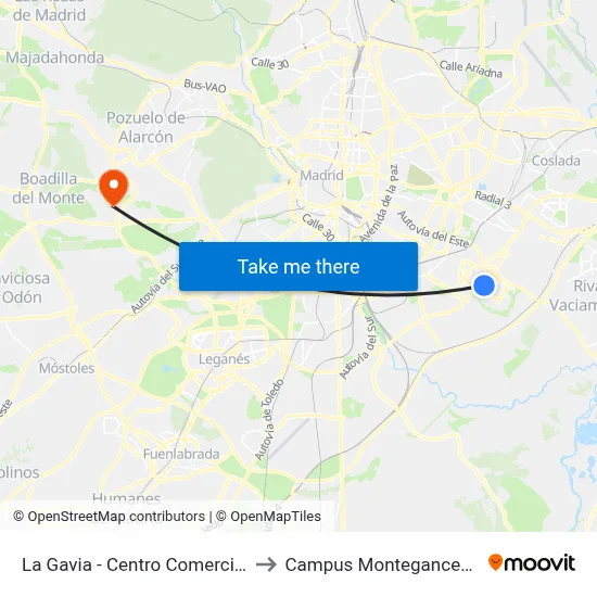La Gavia - Centro Comercial to Campus Montegancedo map