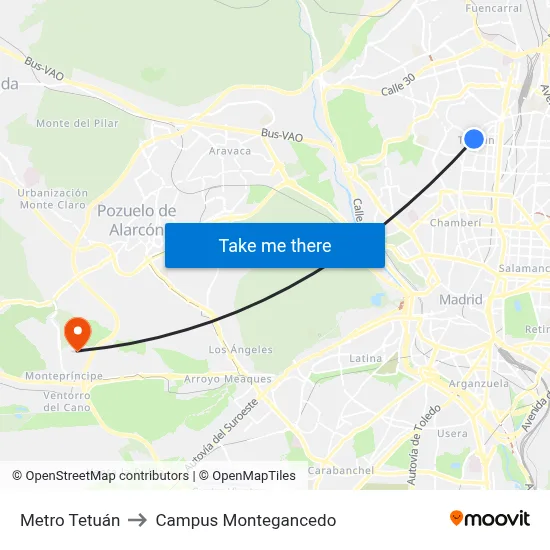 Metro Tetuán to Campus Montegancedo map