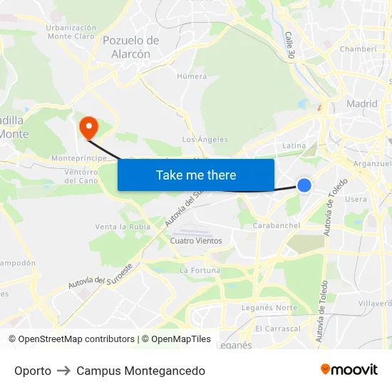 Oporto to Campus Montegancedo map