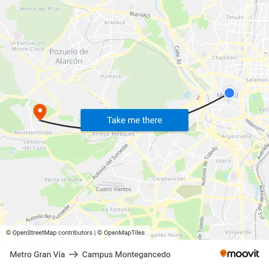 Metro Gran Vía to Campus Montegancedo map