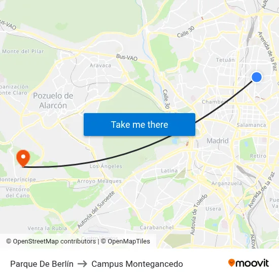 Parque De Berlín to Campus Montegancedo map