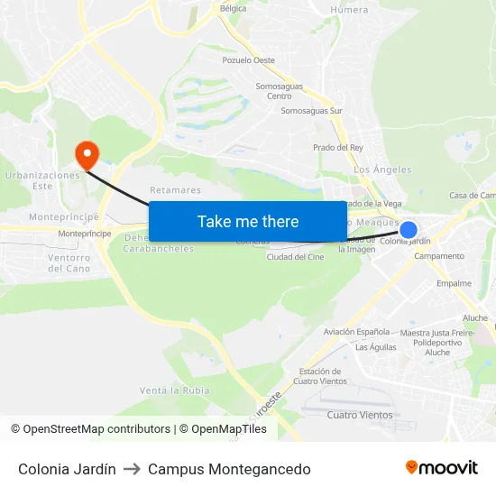 Colonia Jardín to Campus Montegancedo map