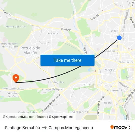 Santiago Bernabéu to Campus Montegancedo map