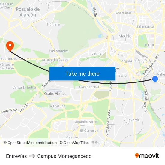 Entrevías to Campus Montegancedo map
