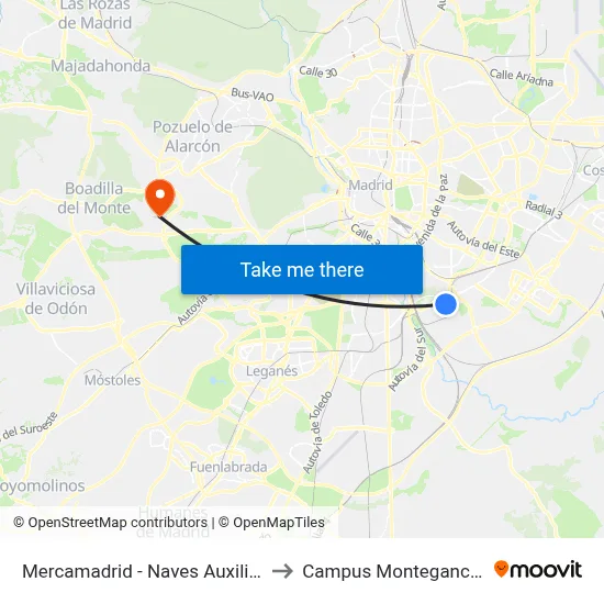 Mercamadrid - Naves Auxiliares to Campus Montegancedo map