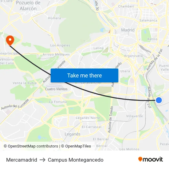 Mercamadrid to Campus Montegancedo map