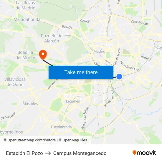 Estación El Pozo to Campus Montegancedo map
