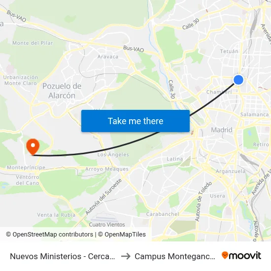 Nuevos Ministerios - Cercanías to Campus Montegancedo map