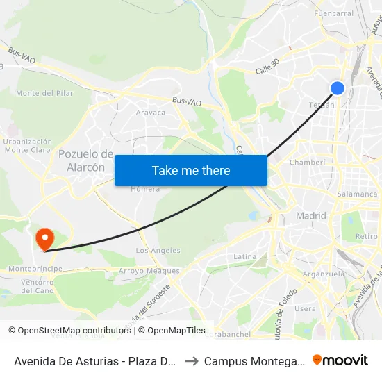 Avenida De Asturias - Plaza De Castilla to Campus Montegancedo map
