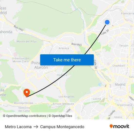 Metro Lacoma to Campus Montegancedo map