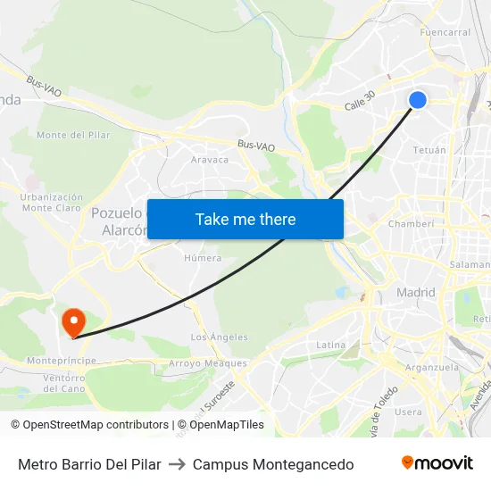 Metro Barrio Del Pilar to Campus Montegancedo map