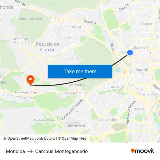 Moncloa to Campus Montegancedo map