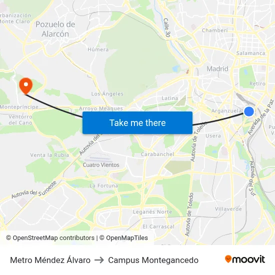 Metro Méndez Álvaro to Campus Montegancedo map
